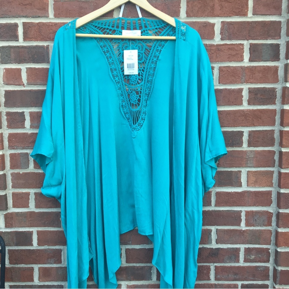 Boho Kimono Cardigan Crochet Back Turquoise Open Waterfall Front New Directions